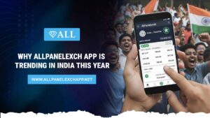 A professional 16:9 landscape graphic showing the AllPanelexch app interface against a vibrant sports background with a focus on Indian cricket and live betting features.
