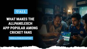 Cricket fan using AllPanelexch app for live match updates and real-time scores on smartphone